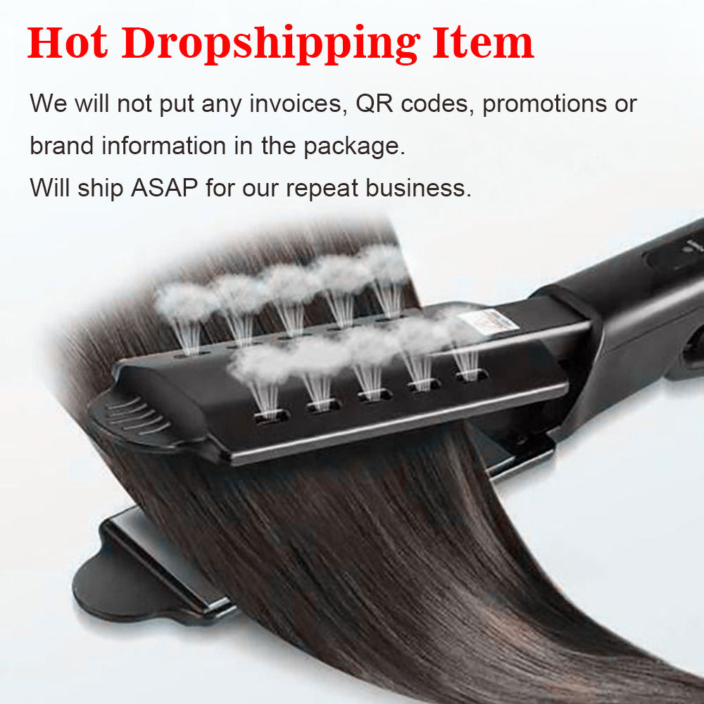 Steam hair straightener styling tool with ceramic plates, adjustable heat settings and hair extensions, designed for smooth straight hair styling and worldwide EU, UK, AU and US plug options.