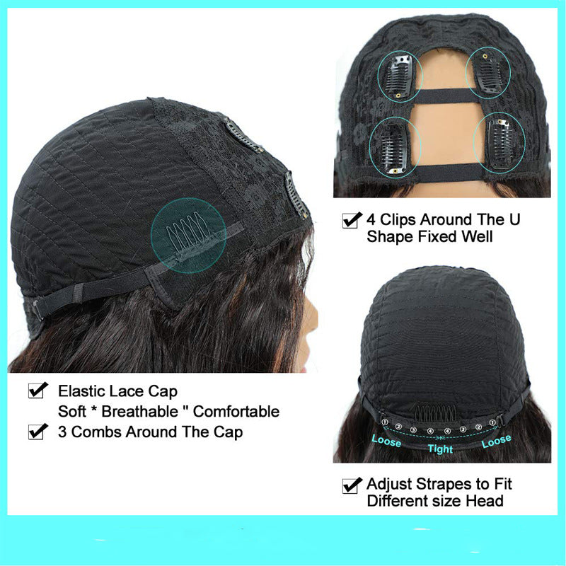 Brazilian Human Hair Body Wave U Part Wig Cap Construction with 4 Secure Clips, 3 Combs, Adjustable Straps and Breathable Glueless Lace Cap for Natural Hair Blending
