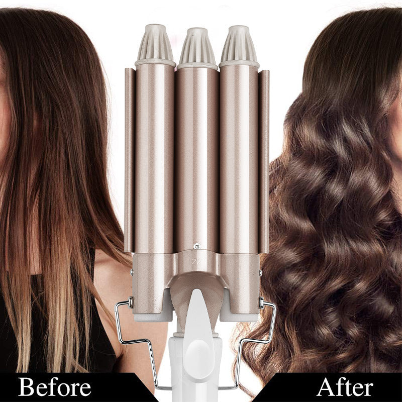 Three-tube ceramic curling iron before and after hair transformation showing straight brown hair styled into glossy beach waves with a rose gold triple barrel hair waver.