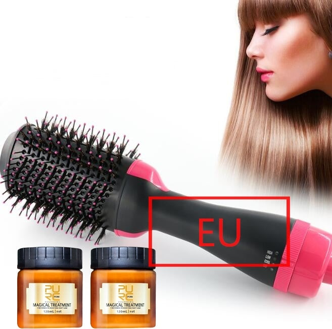 One-Step Electric Hair Dryer & Styler Hot Air Brush with Pink Handle, Black Bristles & Hair Treatment Jars for Fast Drying, Volumizing, Straightening, Smoothing, Frizz Control & Salon-Style Blowouts