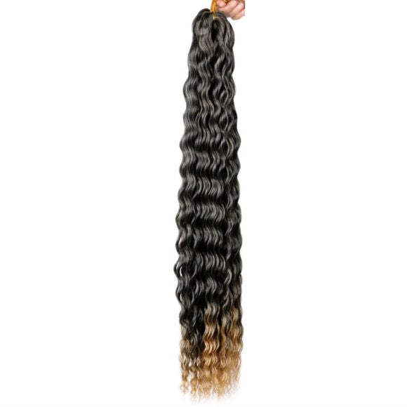Long black and brown ombre deep wave synthetic hair extension, Russian chemical fiber wavy hairpiece for women, Synthetic real looking braiding hair black with light brown colored ends, long curly textured hair extensions on white background.