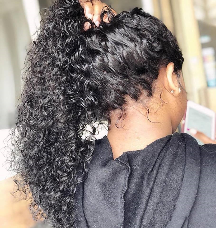 Jerry Curly Human Hair Lace Front Wig with long black deep curly ponytail, wet wave Brazilian hair texture, natural hairline, baby hairs and realistic curls for women