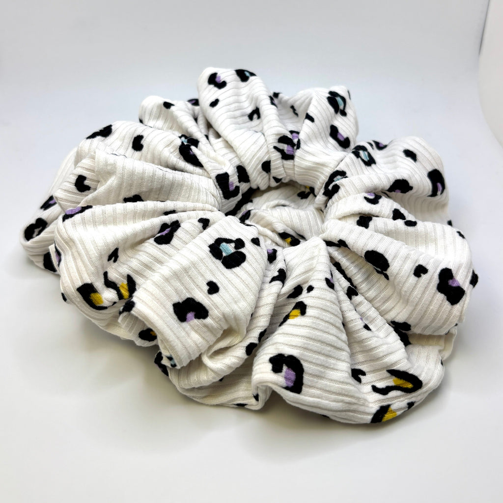 White Colorful Cheetah Ribbed Scrunchie
