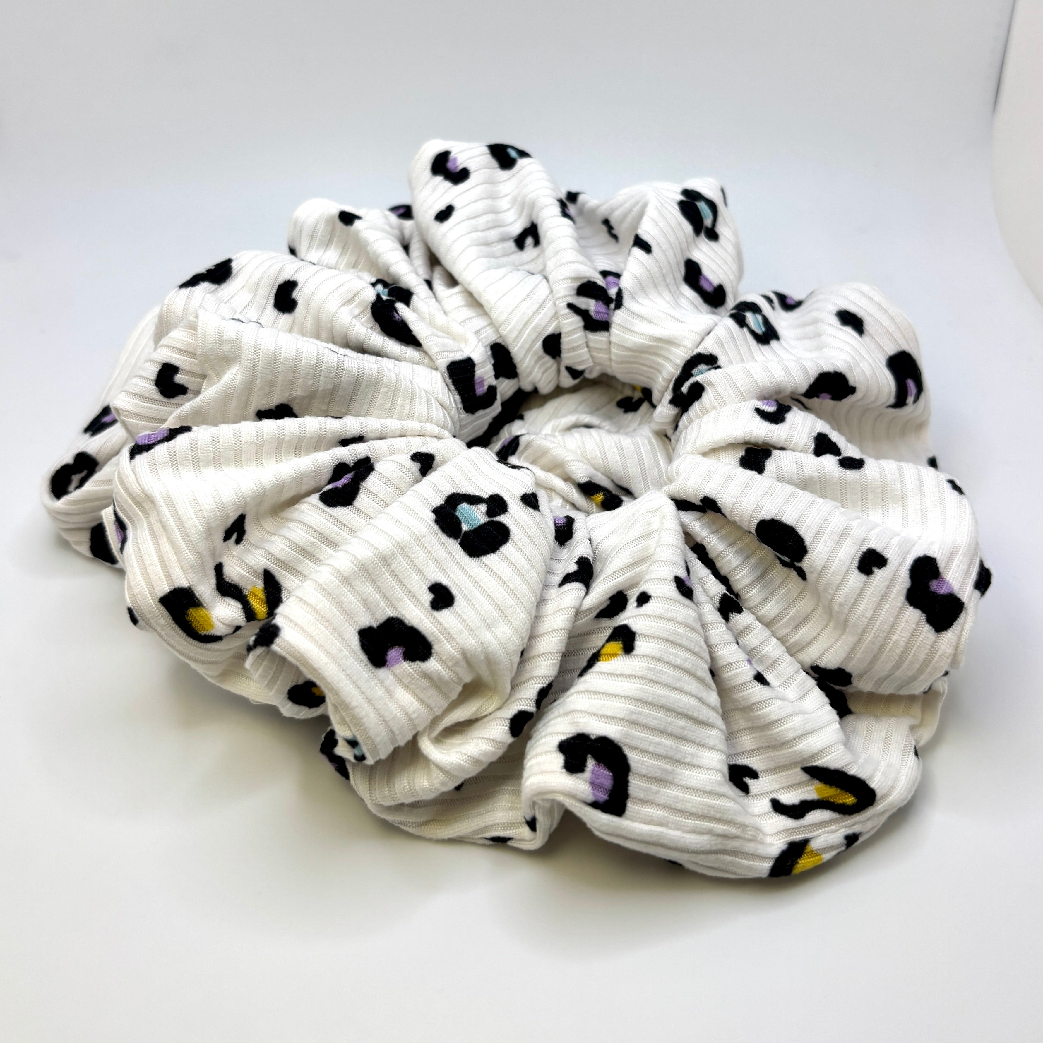 White Colorful Cheetah Ribbed Scrunchie