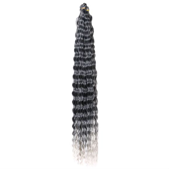 Long black and gray ombre deep wave synthetic hair extensions, Russian chemical fiber wavy curly hairpiece for women, dark to light hombre grey ends,  long textured braiding hair with natural-looking dark roots and gray ombre ends on white background