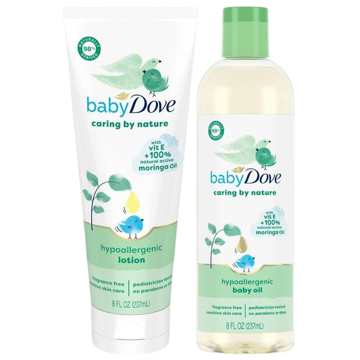 Baby Dove hypoallergenic lotion and baby oil on a white background Dove Baby Oil & Baby Lotion Caring by Nature – Hypoallergenic Oil & Lotion Nourishing Moringa Oil & Vitamin E Oil for Skin Fragrance Free 8 Oz Ea (2 Piece Set)