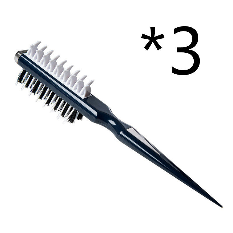 Navy blue hairbrush with white bristles on a white background