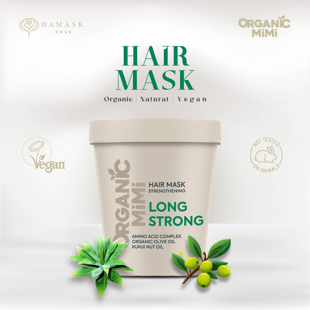 Organic Mimi Long Strong strengthening vegan hair mask 200 ml with amino acid complex, organic olive oil and kukui nut oil for stronger, moisturized, nourished hair, Damask Rose hair care treatment
