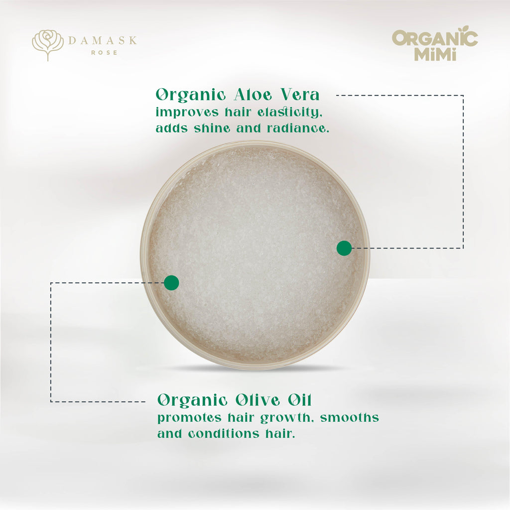Organic Mimi Long Strong strengthening hair mask with organic aloe vera and olive oil to improve hair elasticity, shine, growth, smoothness and conditioning.