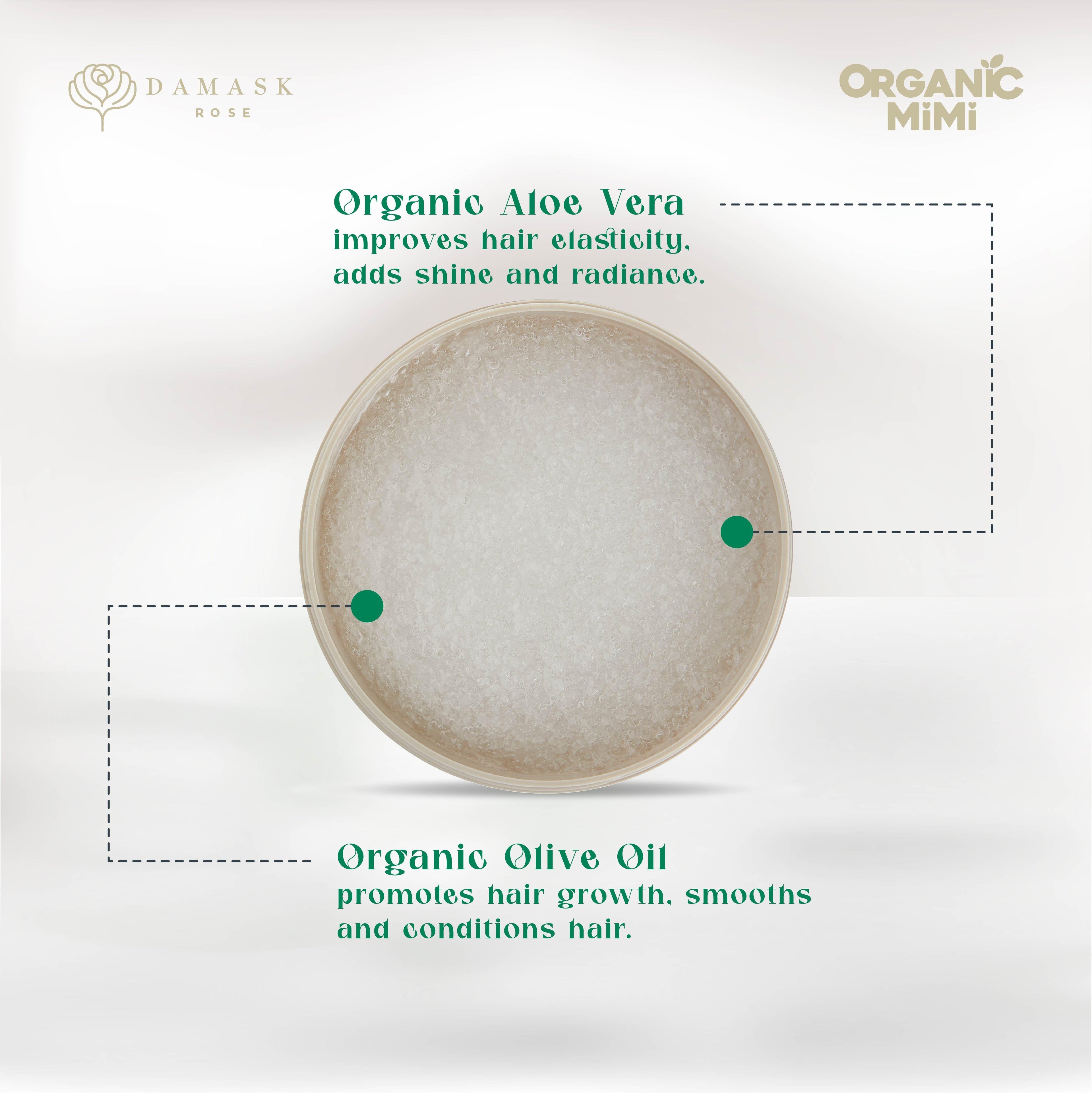 Organic Mimi Long Strong strengthening hair mask with organic aloe vera and olive oil to improve hair elasticity, shine, growth, smoothness and conditioning.