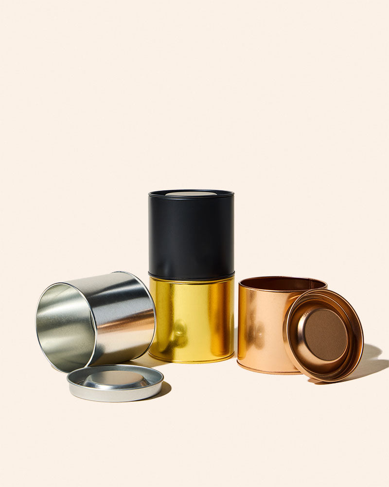 7.5 oz empty metal paint can containers with lids in lustrous silver, gold, copper and matte black, ideal for candle making, DIY crafts, gifts and packaging