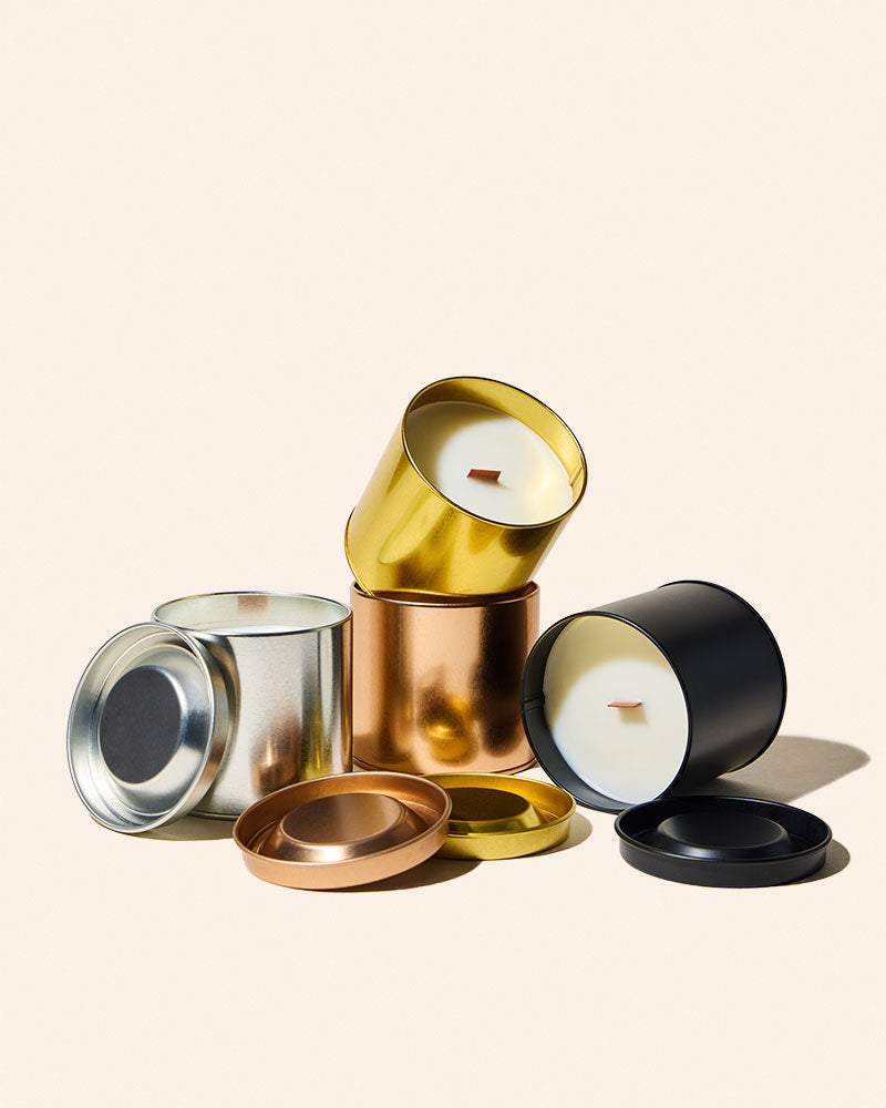 7.5 oz finished paint can candles in lustrous gold, copper and matte black metal vessels with wooden wicks and coordinating lids, stylish candle containers for DIY candle making, home décor, gifts and crafts