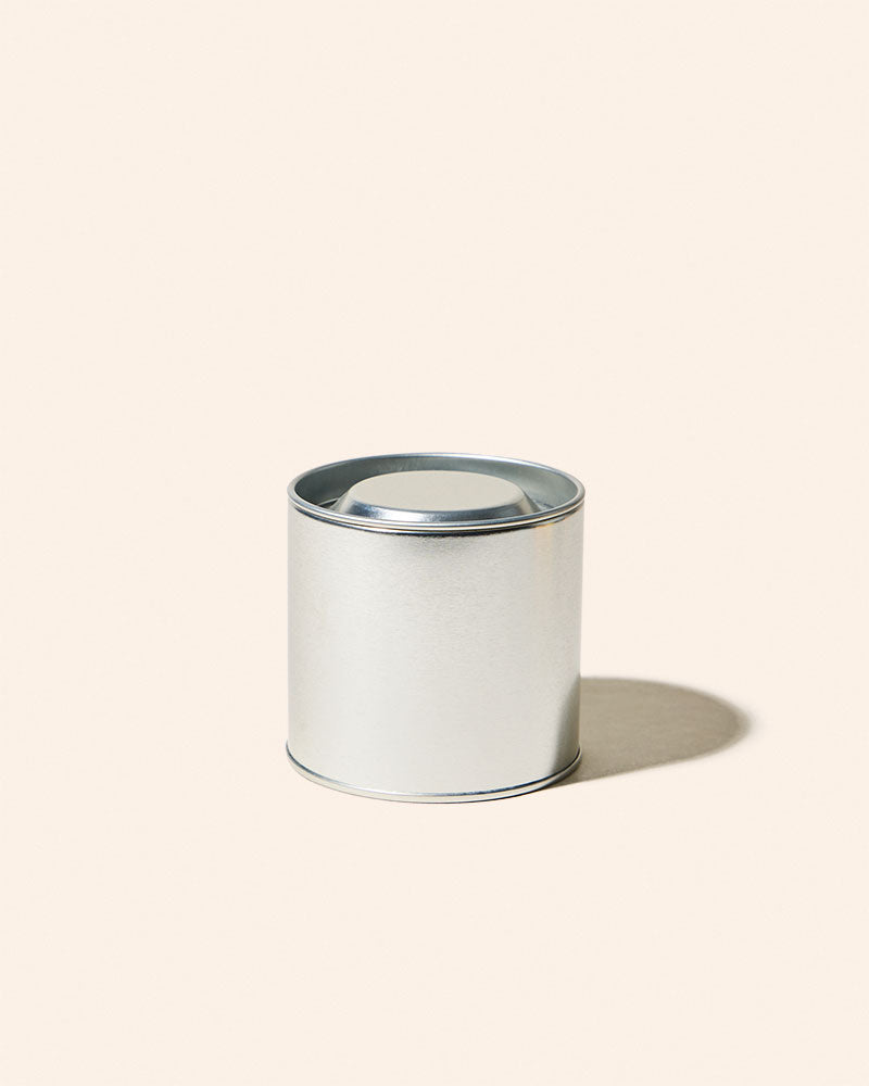 7.5 oz lustrous silver metal paint can candle vessel with matching lid, empty DIY candle making container for crafts, gifts, home décor and custom candles