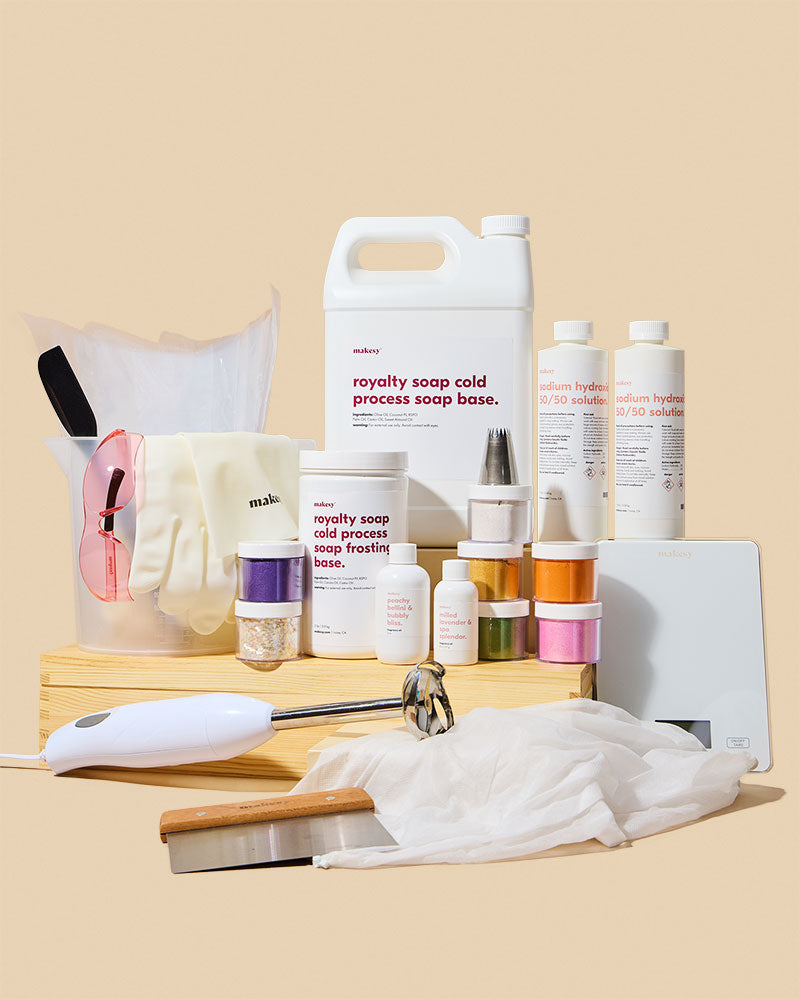 Royalty Soaps Cold Process Starter Soap Making Kit with soap base, mixing tools, molds, colorants, bottles, gloves and soap-making supplies