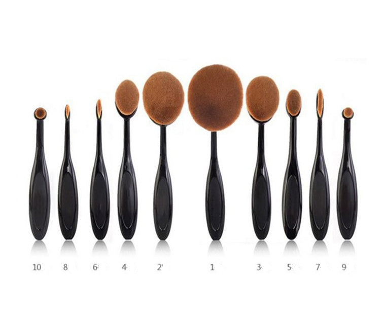 10-Piece Oval Makeup Brush Set with Black Handles and Soft Brown Bristles for Foundation, Blending, Contouring, Concealer and Face Makeup Tools