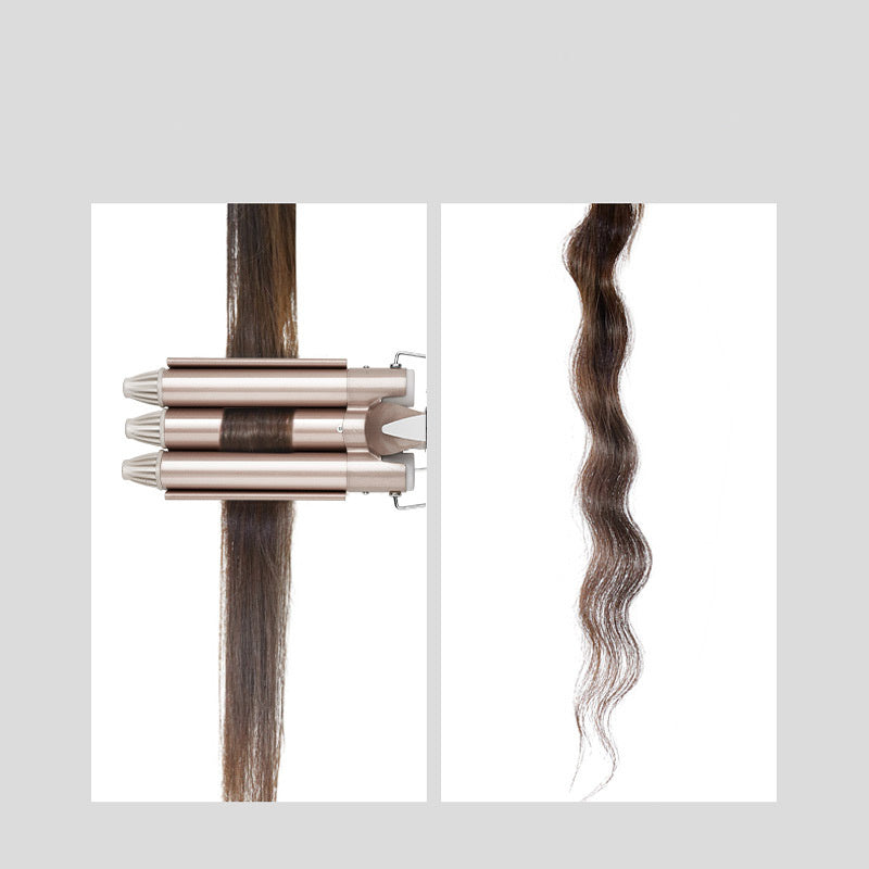 Rose gold three-tube ceramic curling iron styling straight brown hair into defined beach waves, triple barrel hair waver for long-lasting curls, volume and textured hairstyles, available in 22mm and 25mm sizes for all hair types.