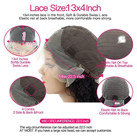 12A Water Wave Human Hair 13x4 Lace Front Wig cap construction featuring soft durable Swiss lace, 13x4 lace frontal, breathable stretch mesh, four secure combs, adjustable back elastic band and up to 22.5-inch wig circumference for a comfortable natural fit