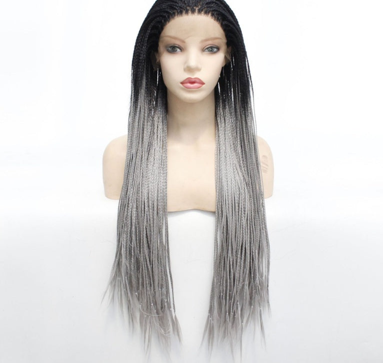Long grey ombre box braided lace front wig with black roots, triple strand micro braids, straight high-temperature synthetic fiber hair and full-length protective style for women