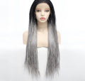 Long grey ombre box braided lace front wig with black roots, triple strand micro braids, straight high-temperature synthetic fiber hair and full-length protective style for women