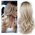 Long Curly Blonde Wig with Bangs for Women, Heat-Resistant Natural-Look Wavy Synthetic Hair Wig with Dark Roots and Layered Curls