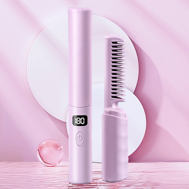Pink rechargeable cordless heated hair straightening comb with LCD digital temperature display, USB charging, quick heat technology, anti-scald bristles, portable travel design, frizz control and smoothing styling tool for sleek straight hair on a soft pink background.