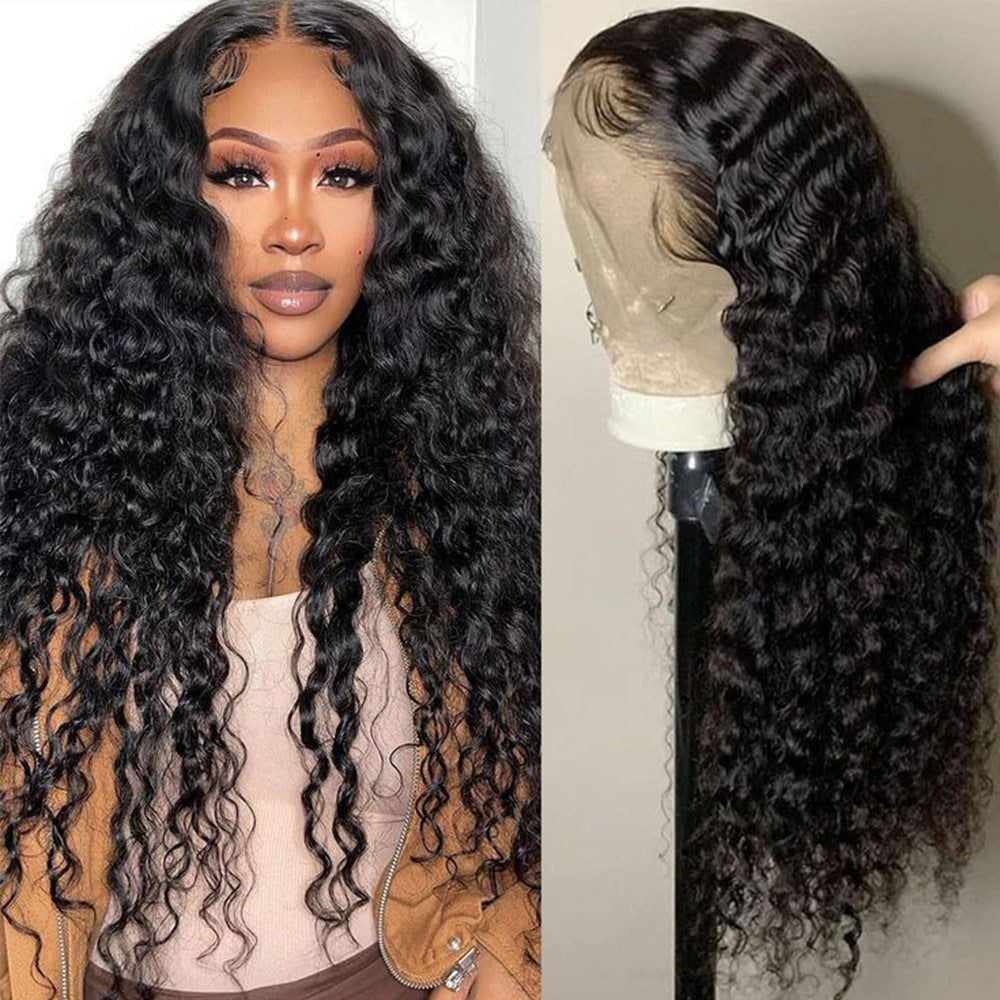 12A Water Wave Human Hair 13x4 Lace Front Wig, long black deep curly wet and wavy lace frontal wig with natural hairline and defined water wave texture