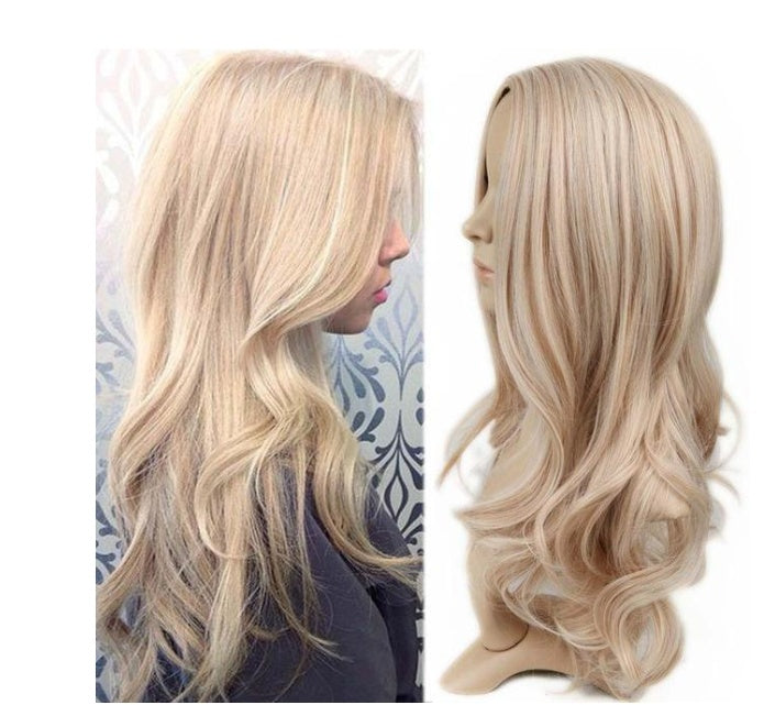 Long curly blonde wig with bangs for women featuring dark roots, layered waves, natural-looking curls and heat-resistant synthetic hair