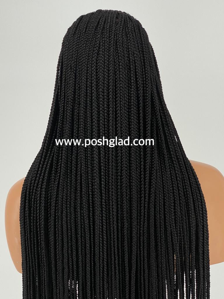 Black braided hair extensions on a mannequin head with a plain background. 36-Inch Kora Cornrow Braid Wig – Ready-to-Ship Glueless 100% Hand-Tied Human Hair Wig with Transparent Swiss Lace Front | Pre-Braided Cornrows | Natural 1B | One Size Fits Most