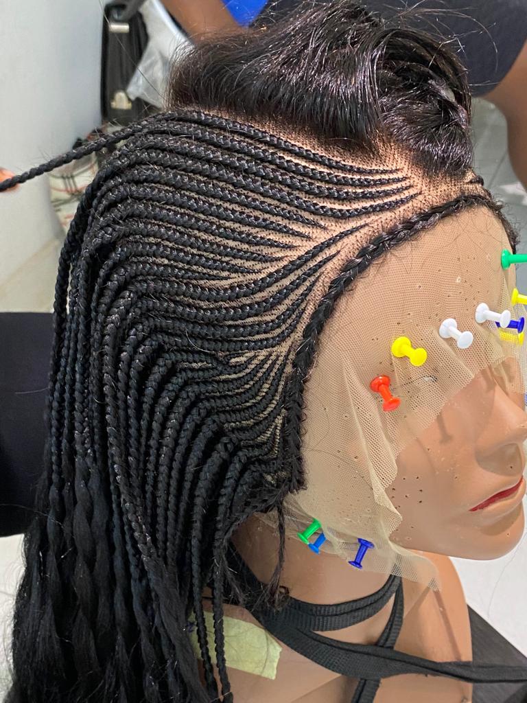 Mannequin head with braided hair on a mannequin, with colorful pins on a white background, 36-Inch Kora Cornrow Braid Wig – Ready-to-Ship Glueless 100% Hand-Tied Human Hair Wig with Transparent Swiss Lace Front | Pre-Braided Cornrows | Natural 1B | One Size Fits Most