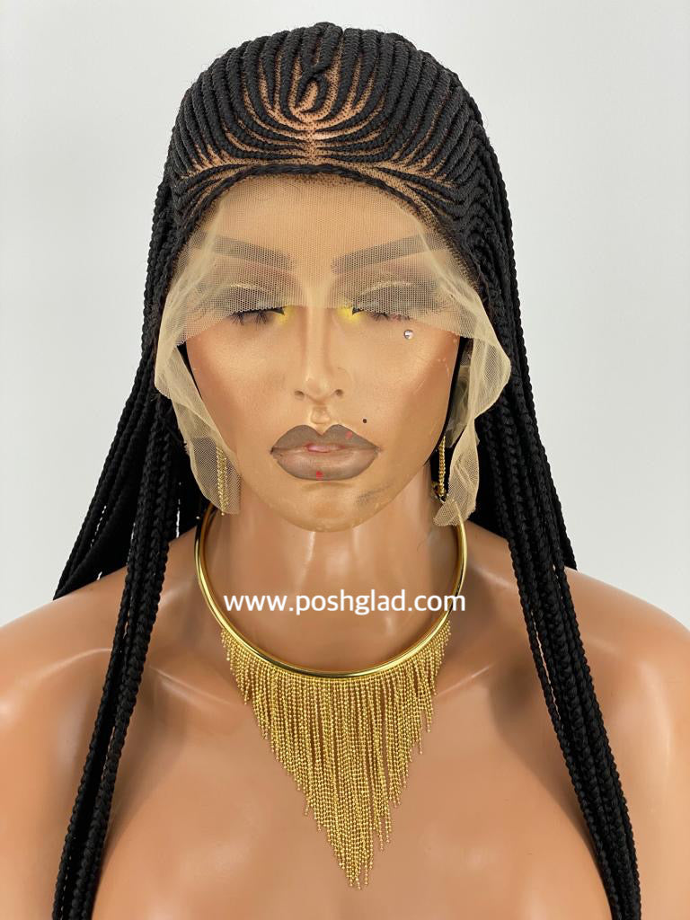 36-inch Kora cornrow braided human hair wig on mannequin featuring intricate hand-tied cornrows, transparent Swiss lace front, glueless construction, natural 1B black color, long waist-length braids, and one-size-fits-most cap. 36-Inch Kora Cornrow Braid Wig – Ready-to-Ship Glueless 100% Hand-Tied Human Hair Wig with Transparent Swiss Lace Front | Pre-Braided Cornrows | Natural 1B | One Size Fits Most