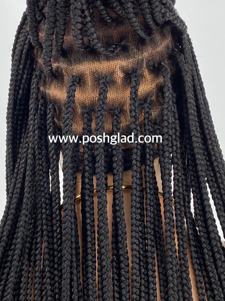 Black braided hair extensions with a plain background and 'www.poshglad.com' text. 36-Inch Kora Cornrow Braid Wig – Ready-to-Ship Glueless 100% Hand-Tied Human Hair Wig with Transparent Swiss Lace Front | Pre-Braided Cornrows | Natural 1B | One Size Fits Most