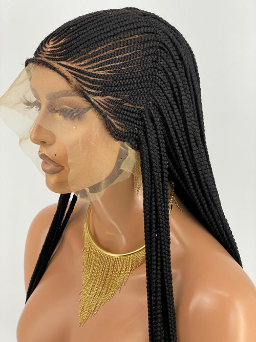 36-inch Kora cornrow braided wig on mannequin with hand-tied 100% human hair, transparent Swiss lace front, glueless construction, natural 1B color, and ready-to-ship design. Ready-to-Ship Glueless 100% Hand-Tied Human Hair Wig with Transparent Swiss Lace Front | Pre-Braided Cornrows | Natural 1B | One Size Fits Most