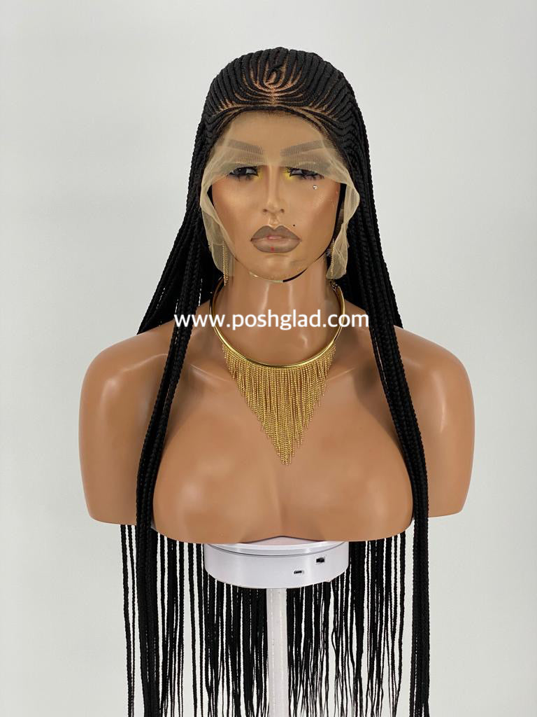 Mannequin head with a long black braided wig on a white background, featuring the brand 'PoshGlad'. 36-Inch Kora Cornrow Braid Wig – Ready-to-Ship Glueless 100% Hand-Tied Human Hair Wig with Transparent Swiss Lace Front | Pre-Braided Cornrows | Natural 1B | One Size Fits Most