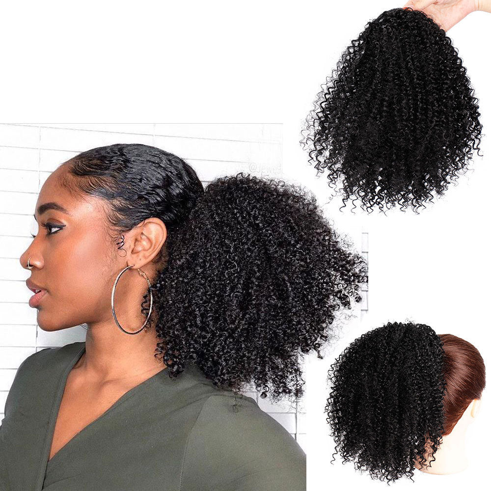 African drawstring small curly ponytail wig extension for Black women, natural kinky curly hairpiece with voluminous curls, adjustable drawstring attachment, easy protective styling and everyday updo hair accessory.