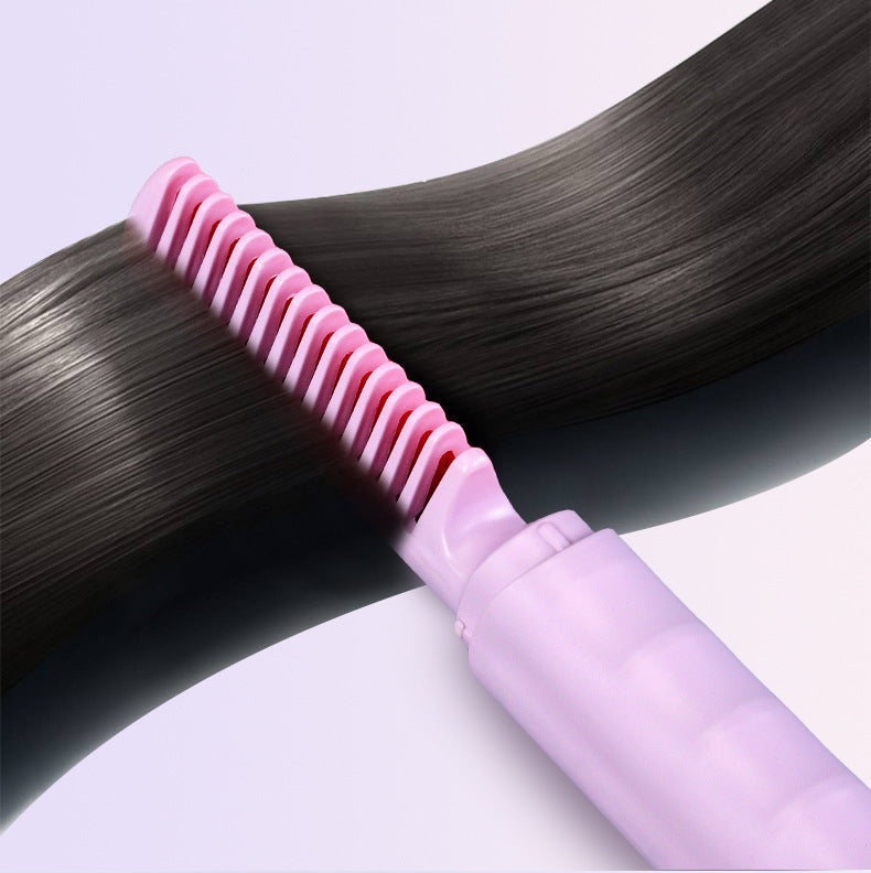 Pink rechargeable cordless heated hair straightening comb gliding through dark hair, featuring anti-scald bristles, smoothing and frizz-control styling for sleek straight hair.