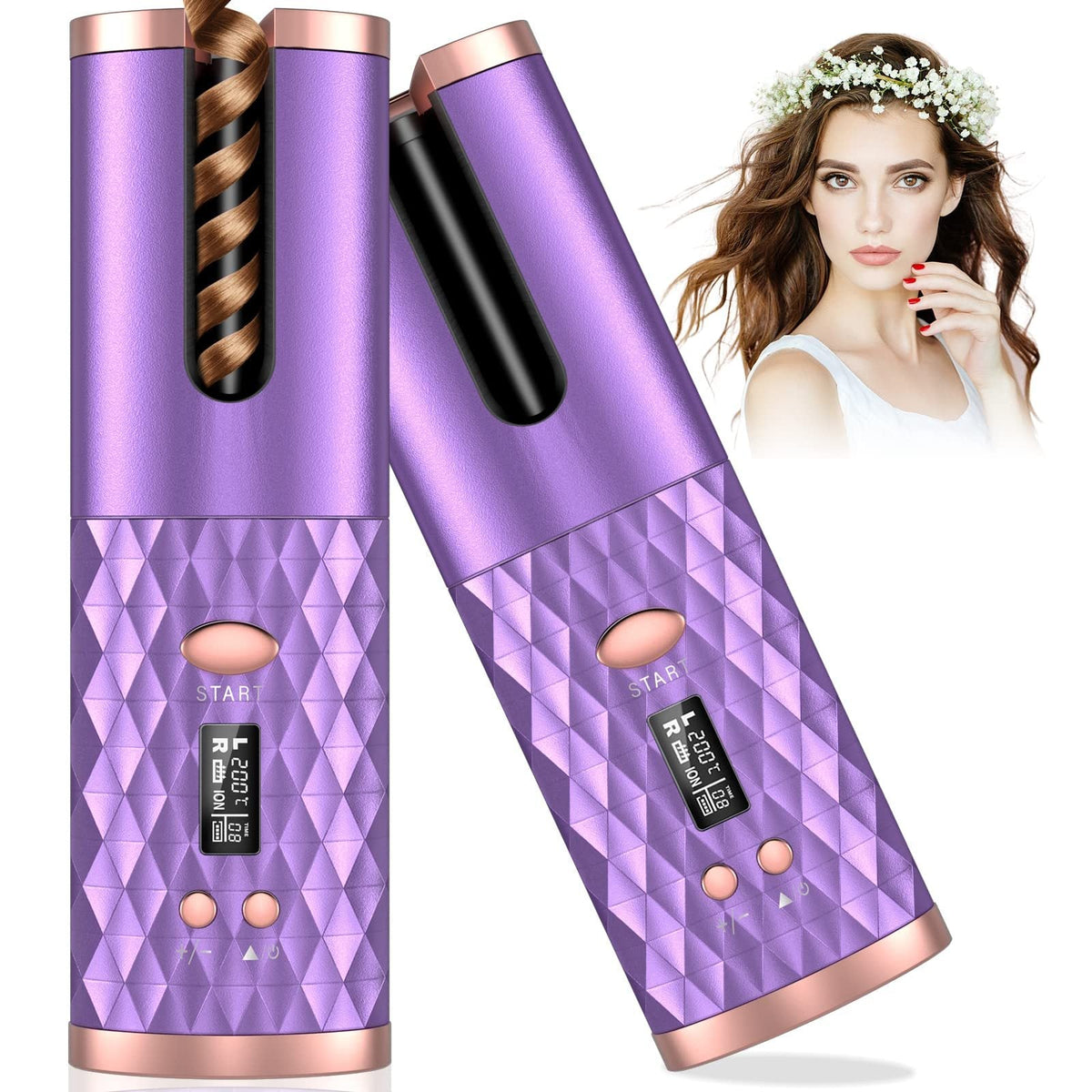 Purple wireless automatic electric hair curler with rose gold accents, rotating ceramic curling barrel, digital temperature display and control buttons; cordless portable curling iron for creating defined curls, loose waves and salon-quality hairstyles at home or while traveling, shown beside a woman with long styled wavy brown hair.