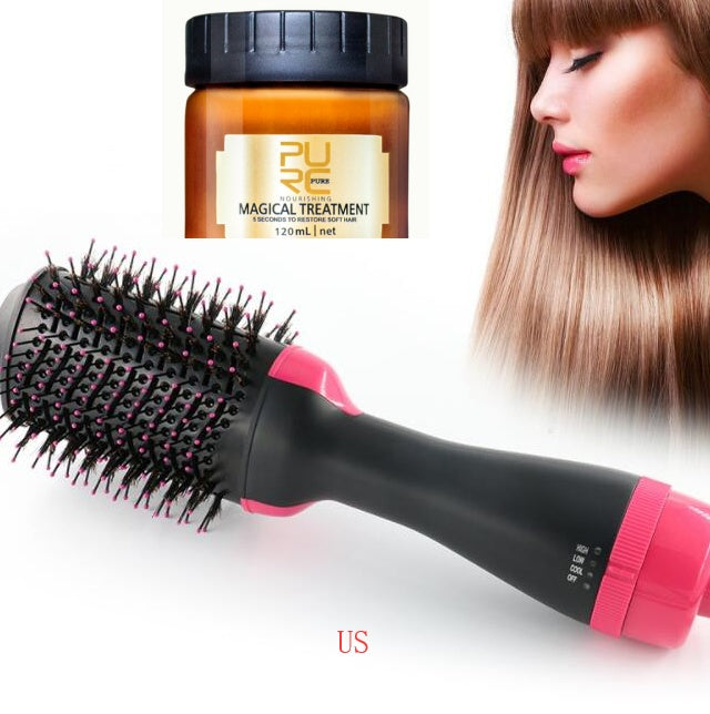 One-Step Electric Hair Dryer & Styler hot air brush with black and pink bristles, paired with PURC Magical Treatment hair care and a model with smooth, straight, glossy hair.