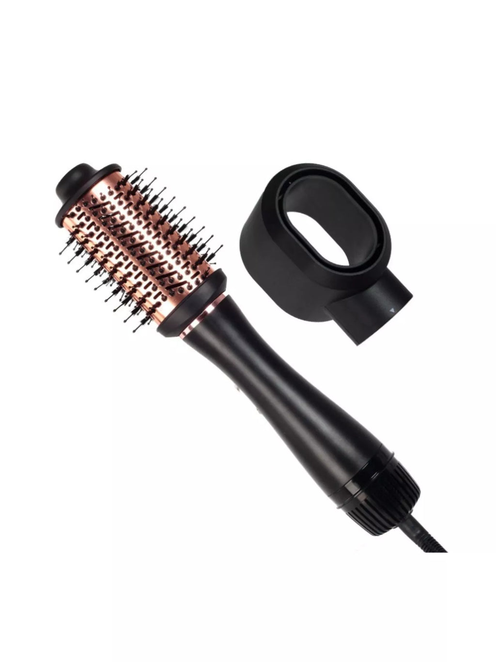Fast Heating Hot Air Brush with black handle, rose gold vented barrel, bristles and styling attachment for smooth, voluminous salon blowouts, straightening, drying, shaping and anti-frizz hair styling at home