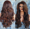 Brown wig shown from front and back on a blue textured background
