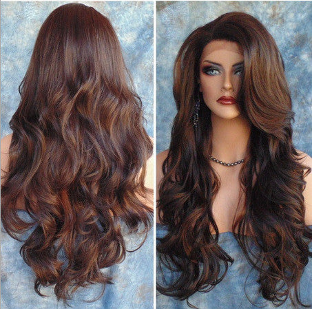 Brown wig shown from front and back on a blue textured background