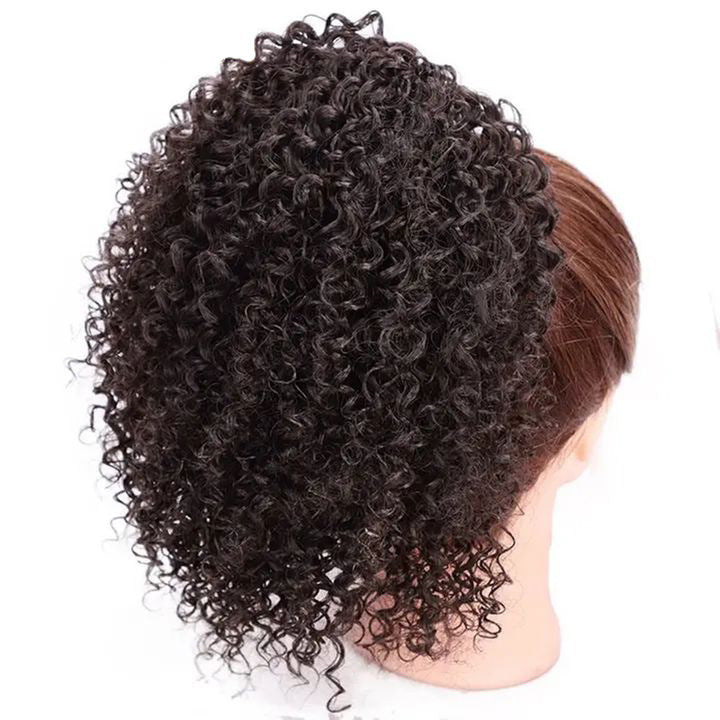 African drawstring small curly ponytail wig extension for Black women, natural black kinky curly hairpiece with voluminous defined curls, adjustable drawstring protective updo, textured curly puff ponytail extension for natural hairstyles and everyday wear.