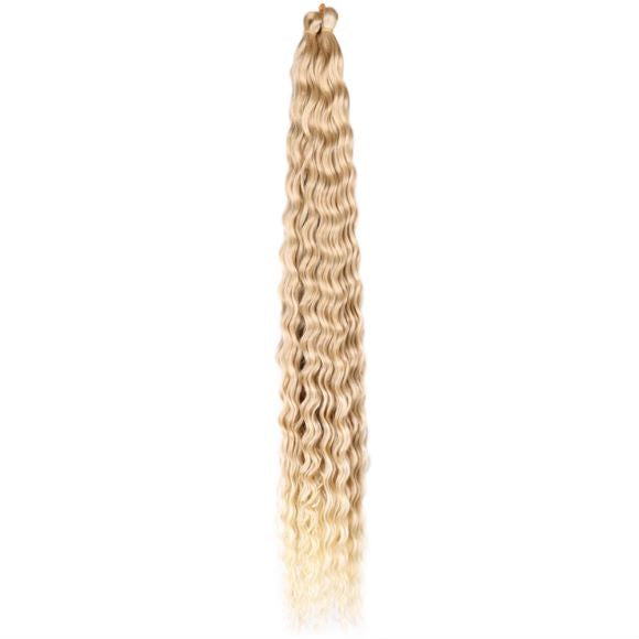 Long blonde deep wave synthetic hair extension, Russian chemical fiber wavy hairpiece for women, natural-looking blonde curls on white background