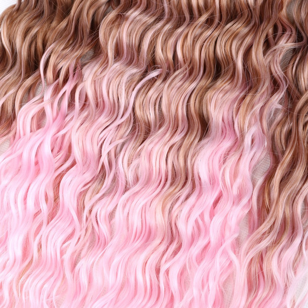 Pink ombre wavy synthetic wig hair with brown roots, long pastel pink loose waves, Russian chemical fiber wig for women