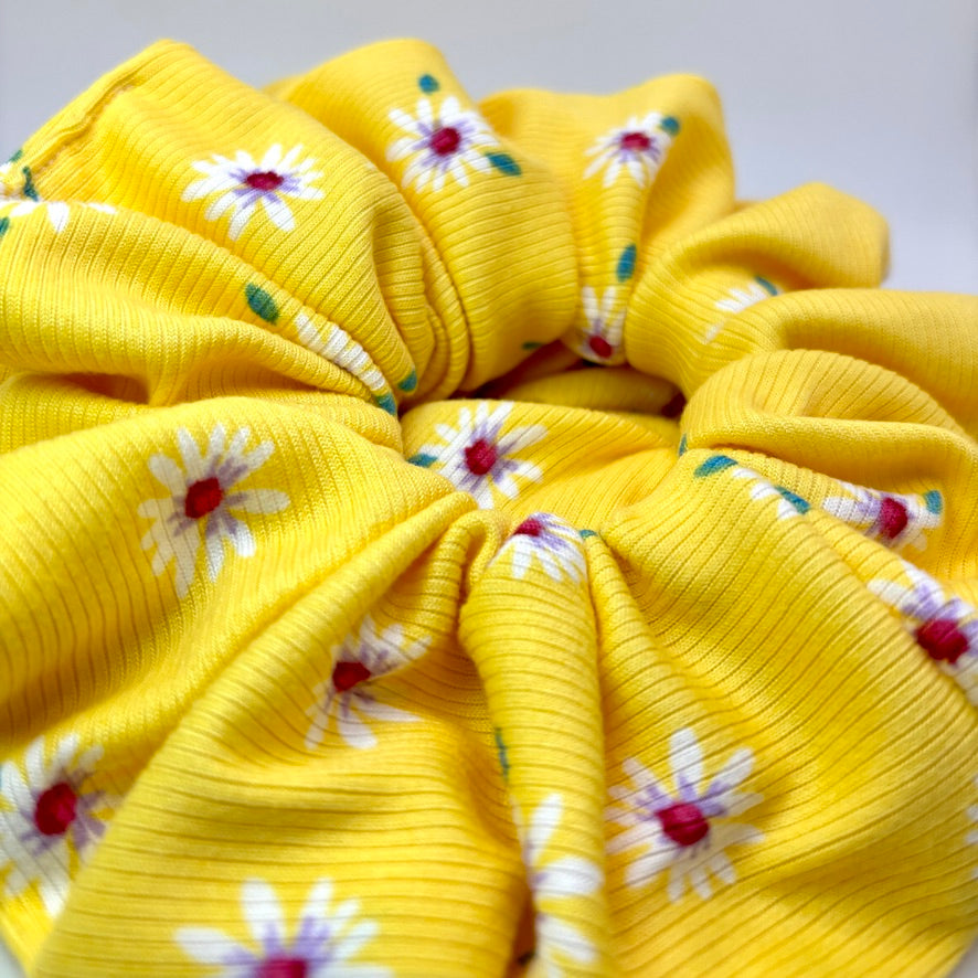 Yellow Floral Spring Ribbed Scrunchie