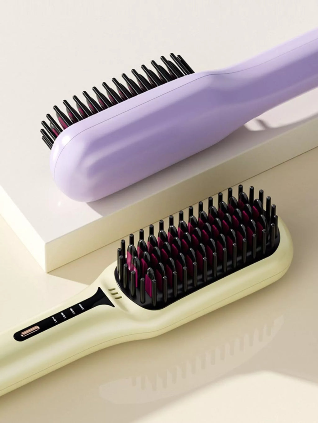 Lavender and ivory fast-heating electric hair straightening brushes with black heated bristles, ergonomic handles and temperature controls for smooth, sleek hair styling.