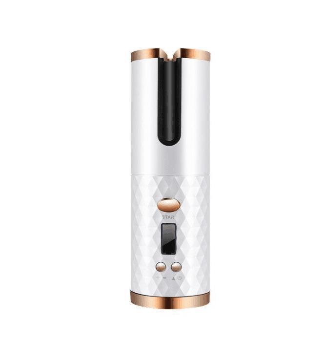 White wireless automatic electric hair curler with rose gold accents, rotating ceramic curling barrel, digital display and control buttons; cordless portable curling iron for creating defined curls, loose waves and salon-style hairstyles at home or while traveling.