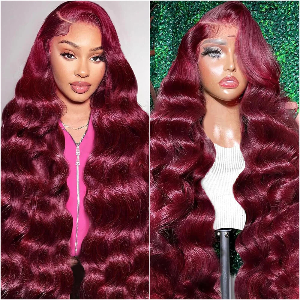 Side-by-side comparison of a woman with burgundy hair and a mannequin head with burgundy hair against a green sequin background.