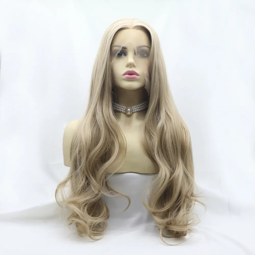 24" Lace Front Synthetic Wig in Ash Blonde, Long Wavy