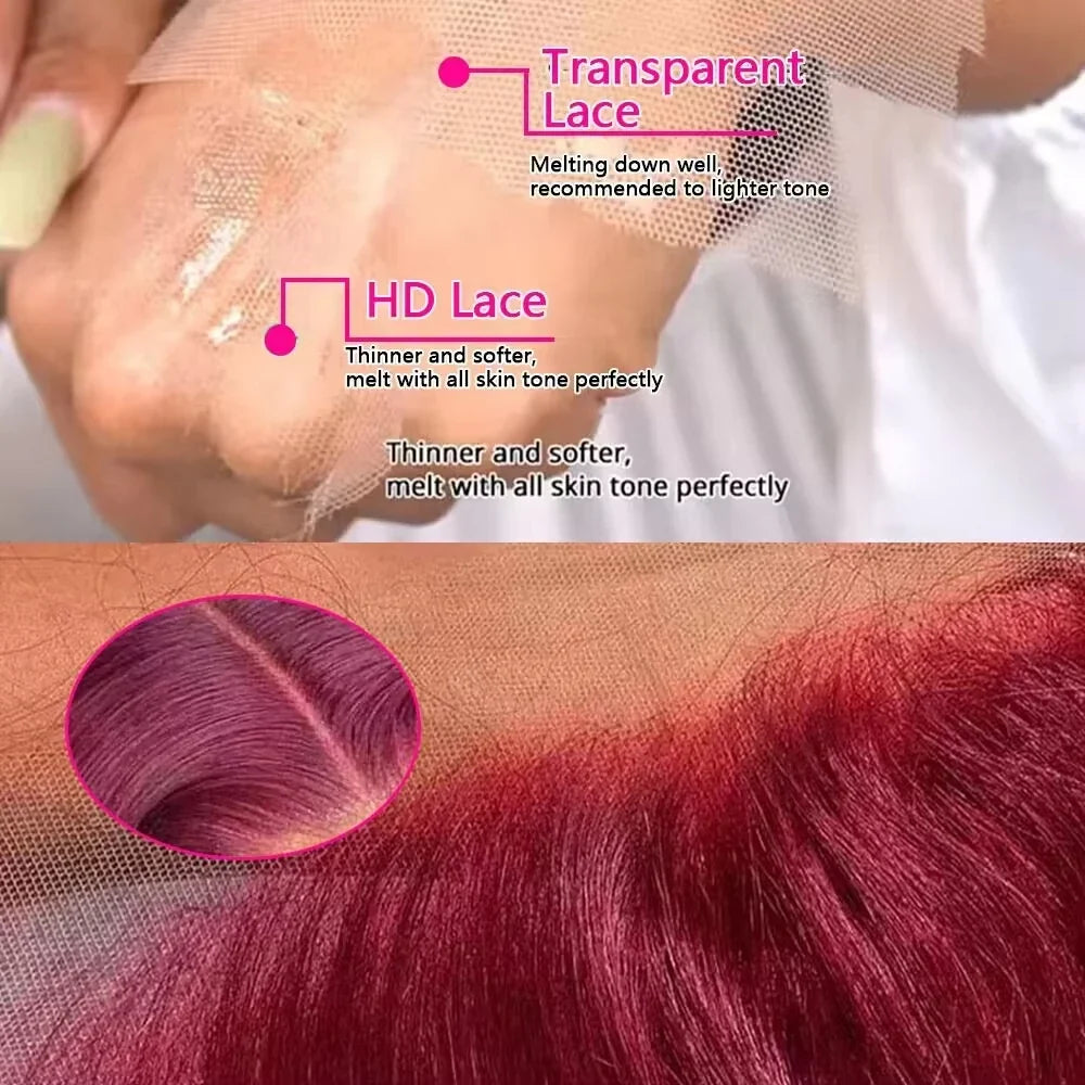 Comparison of transparent lace and HD lace with a close-up of red hair strands. Burgundy Body Wave Human Hair Wig 13x4 Lace Front Brazilian