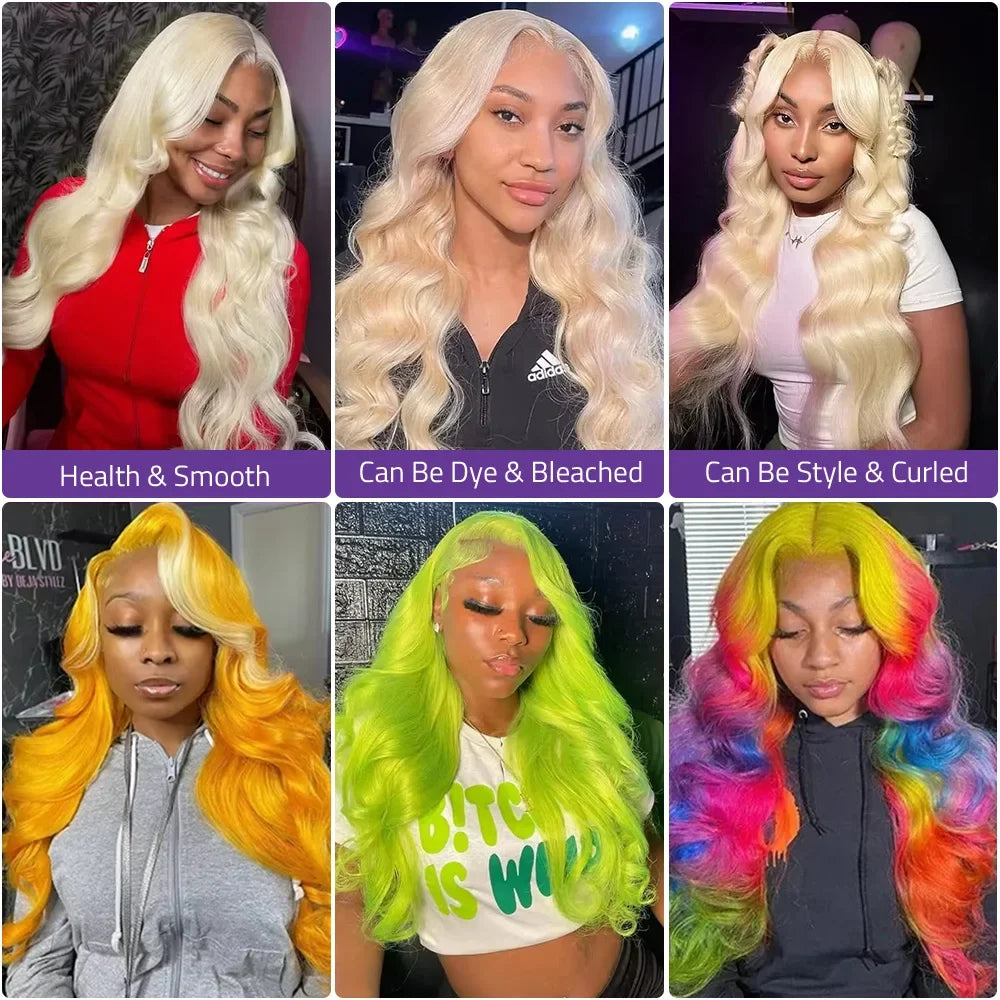 Collage of a person with styled hair in various colors and text.  First three images in the collage are blond wavy hair lace wigs, the bottom row has mustard yellow, lime highlighter light green, and the final photo of this six collage series has rainbow multi color. ALl human hair lace wigs. These wigs are a healthy and smooth texture, they can be dyed and bleached, and can be styled and curled. High quality premium lace wigs. 613 Blonde Body Wave Lace Frontal Wig Human Hair 220 Density 13x4 13x6 HD Trans
